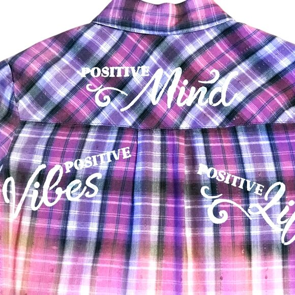 Girl's Bleached Painted Shirt, Size 14: Upcycled Inspirational Purple Plaid Top - Picture 3 of 9